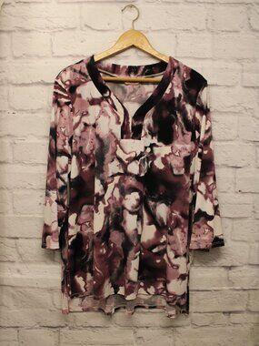 Amana Plus 1X Plum White Swirl Quarter Sleeve Blouse Fall Casual V Neck Tunic